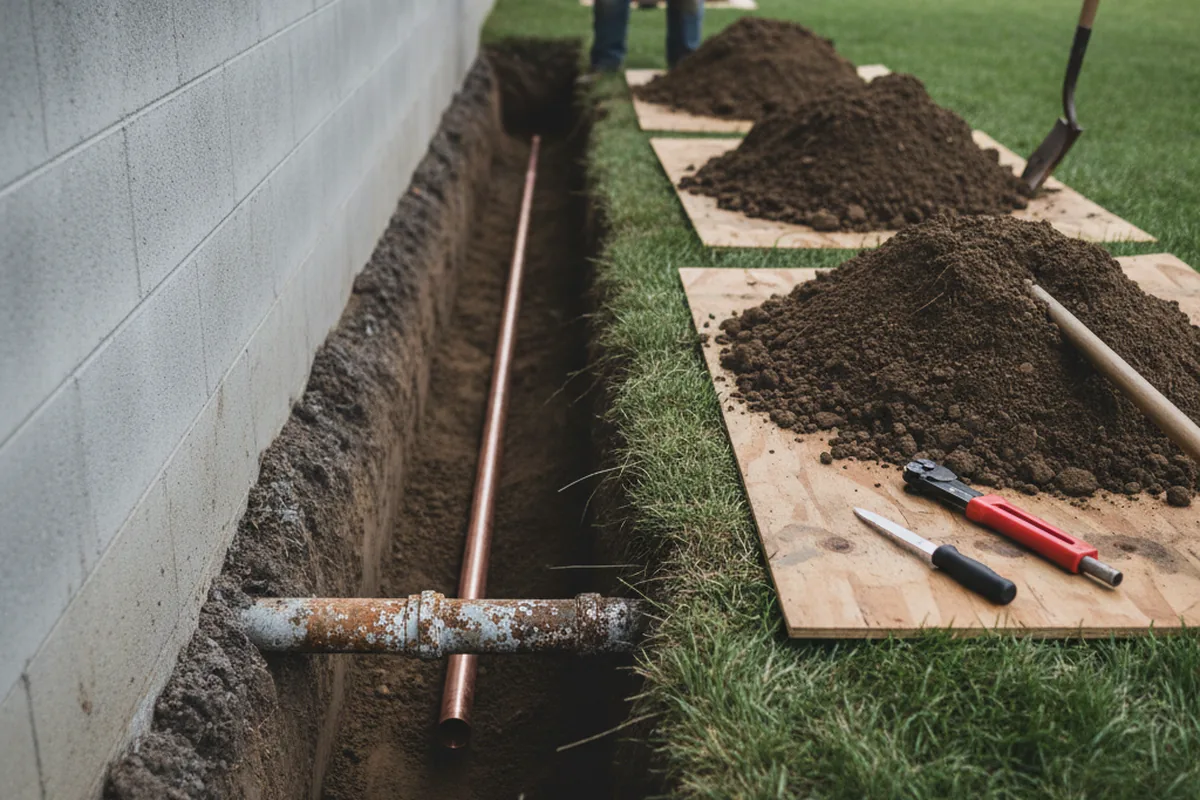 Excavated water line trench during Water Softener Installation in Ventress